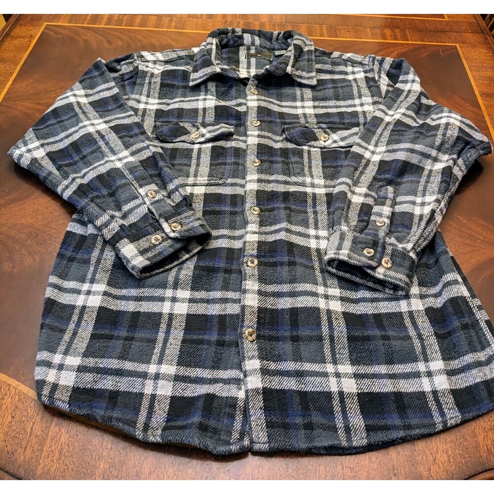 Field & Stream Blue & Grey Plaid Heavy Thick Flannel Button Up Shirt L Outdoor